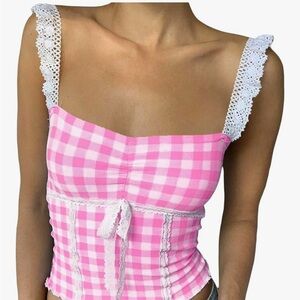 New Never Worn Pink Gingham Lace Trim Top with Bow Size Small